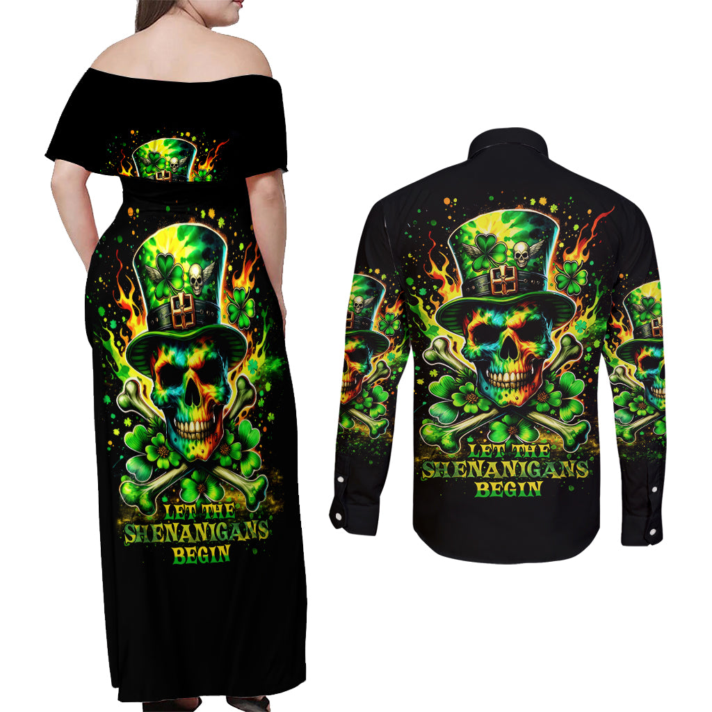 Irish Skull Couples Matching Off Shoulder Maxi Dress and Long Sleeve Button Shirt Let The Shenanigans Begin - Wonder Print Shop