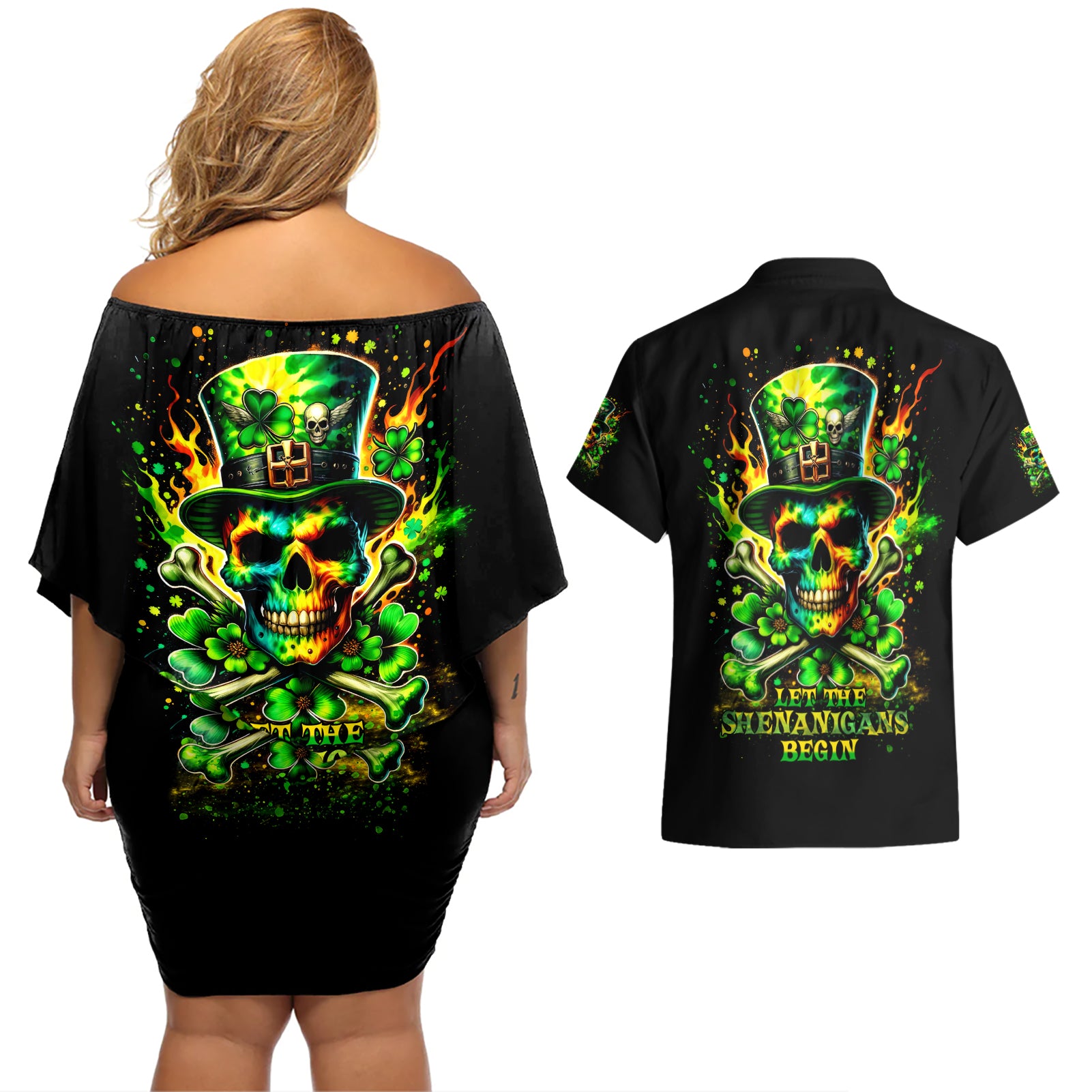 Irish Skull Couples Matching Off Shoulder Short Dress and Hawaiian Shirt Let The Shenanigans Begin - Wonder Print Shop