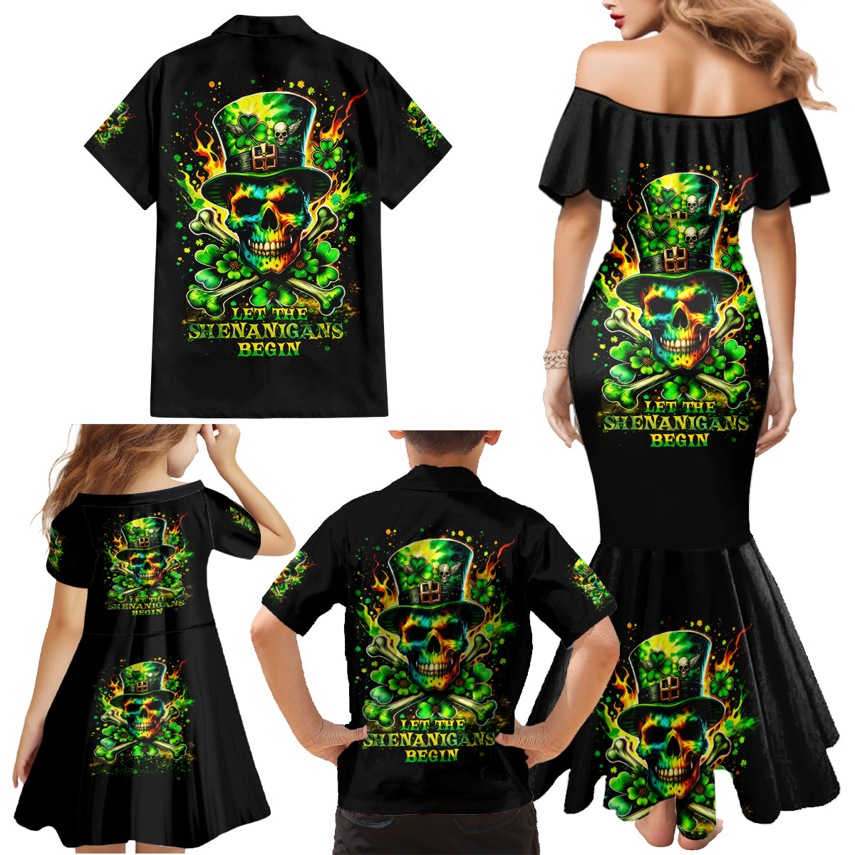 Irish Skull Family Matching Mermaid Dress and Hawaiian Shirt Let The Shenanigans Begin - Wonder Print Shop