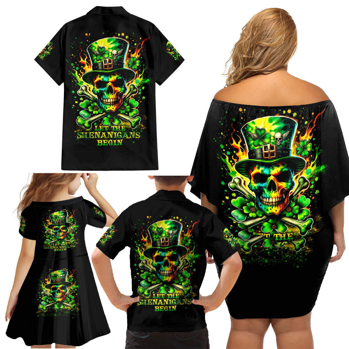 Irish Skull Family Matching Off Shoulder Short Dress and Hawaiian Shirt Let The Shenanigans Begin - Wonder Print Shop