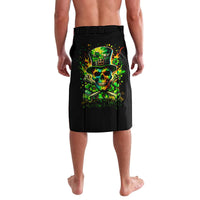 Black lavalava skirt with green skull graphic and shamrock accents, knee-length
