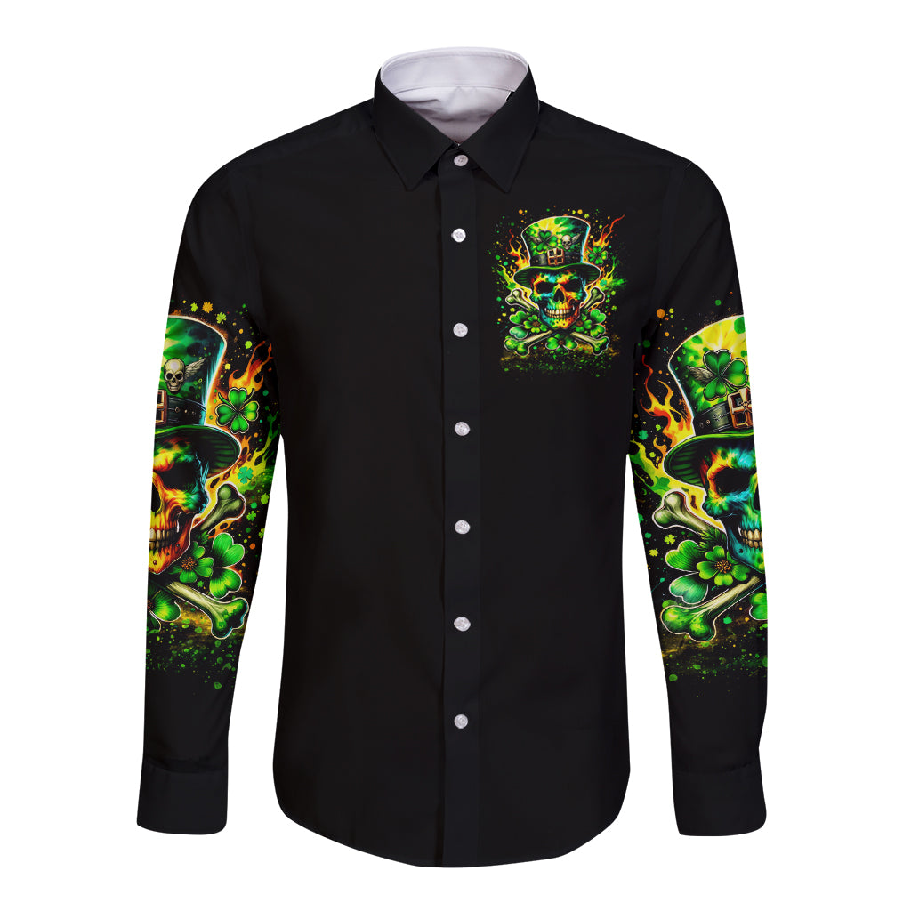 Black long-sleeve button shirt with front skull chest graphic and green sleeve print