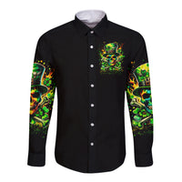 Black long-sleeve button shirt with front skull chest graphic and green sleeve print