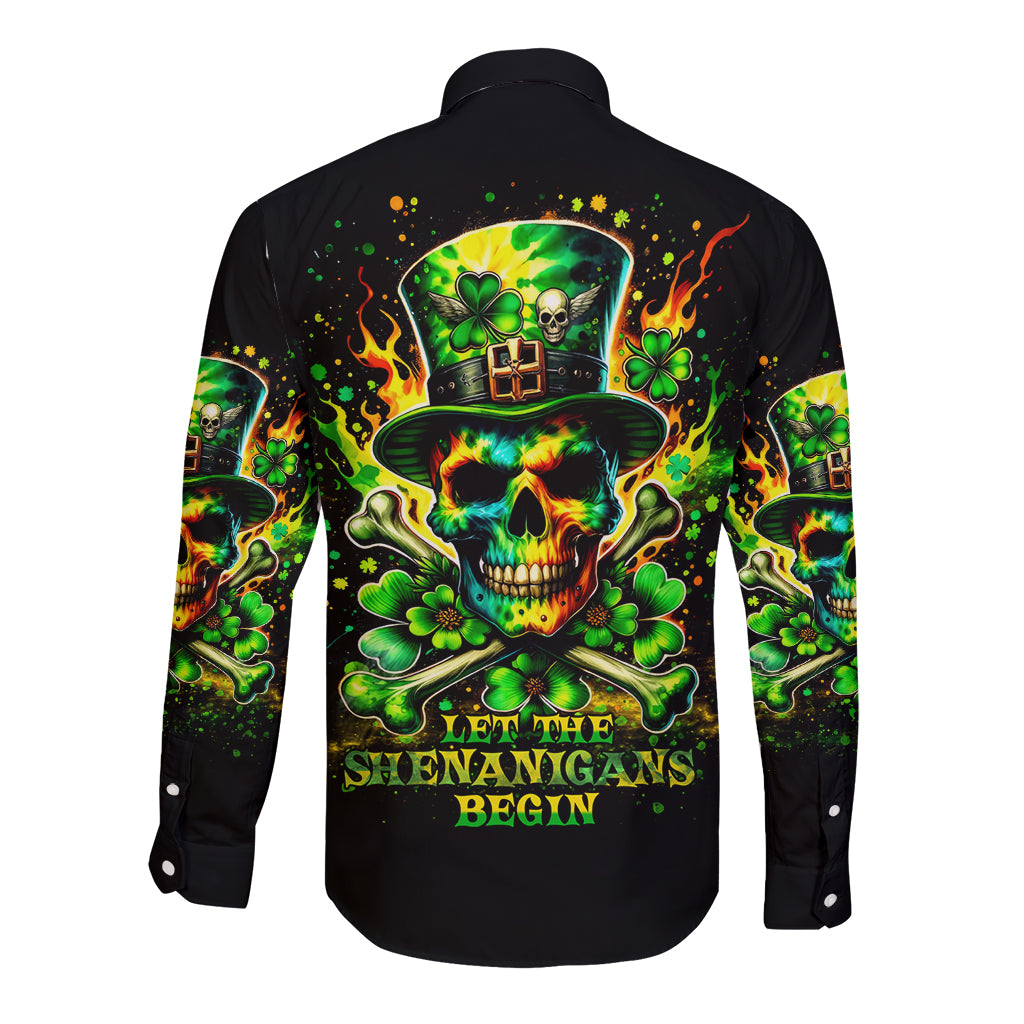 Black long-sleeve button shirt with skull and green shamrock back graphic