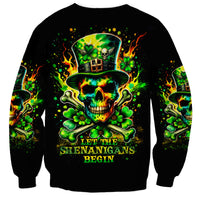 Unisex black crewneck sweatshirt with green skull shamrock hat graphic and flame accents