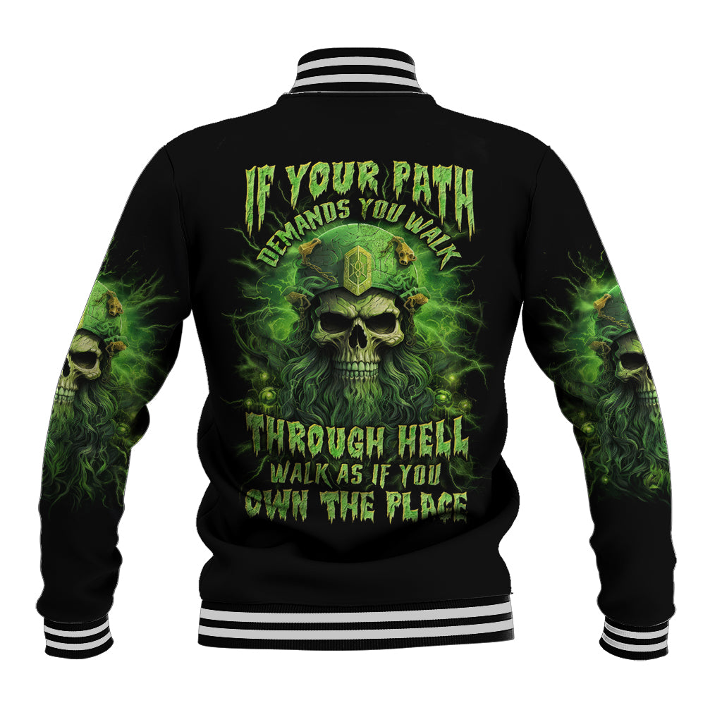Black baseball jacket with green skull back graphic and striped ribbed collar and cuffs