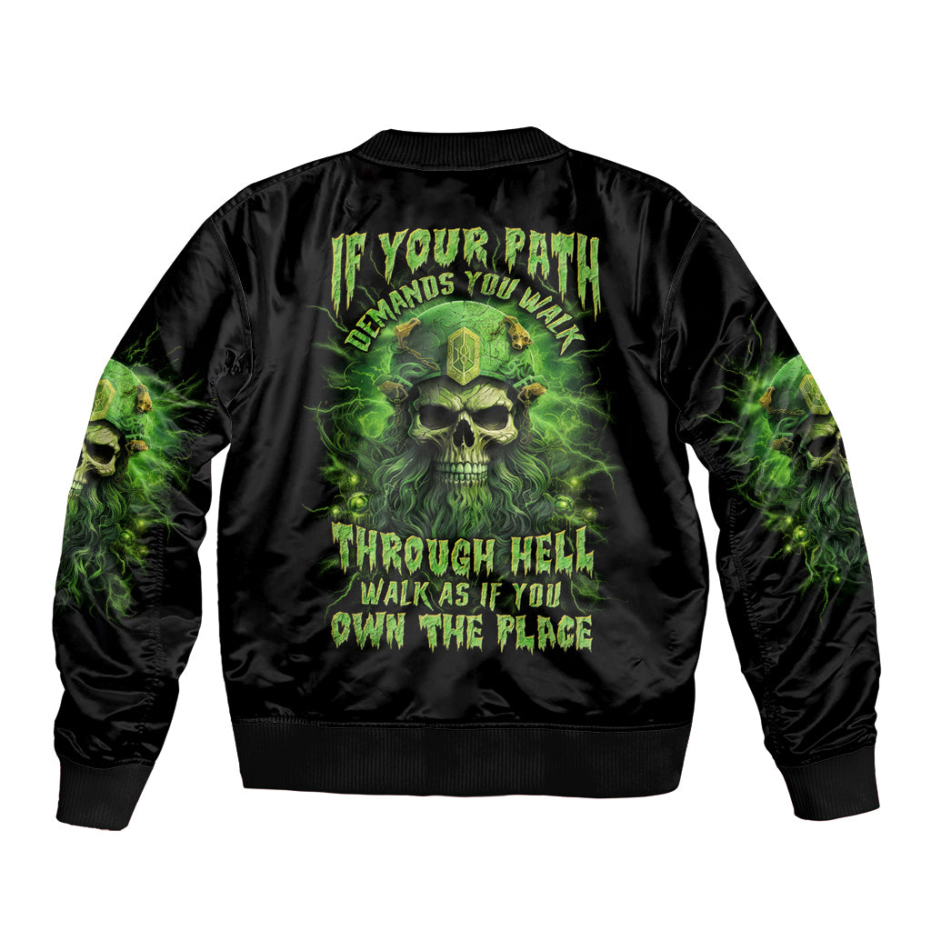 Black bomber jacket with green skull graphic on back, ribbed collar and cuffs