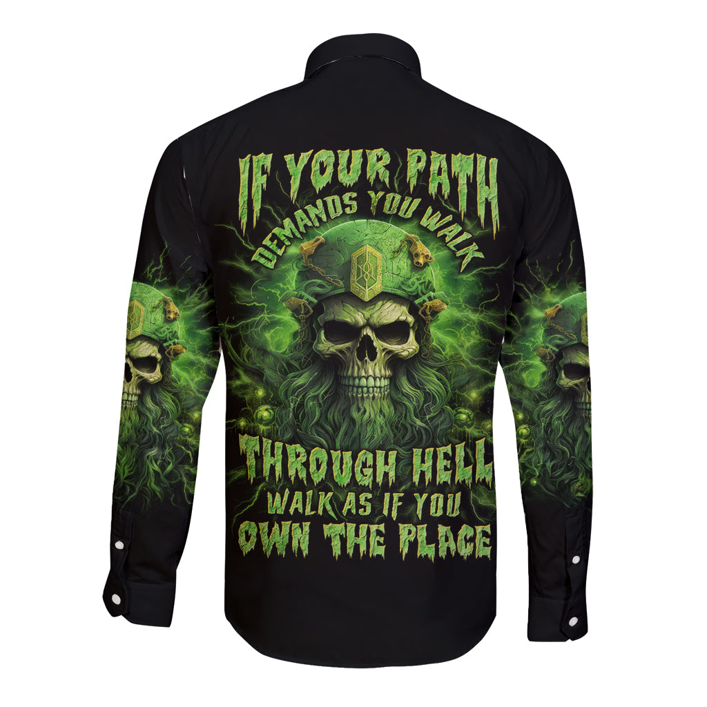 Black long-sleeve button shirt with neon green skull back print and flames graphic