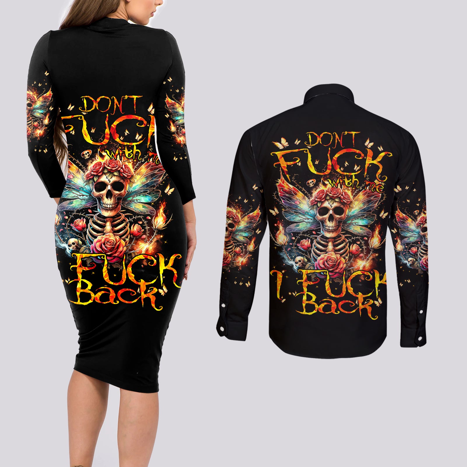 Fairy Skull Couples Matching Long Sleeve Bodycon Dress and Long Sleeve Button Shirt Don't Fuck With Me I Fuck Back - Wonder Print Shop