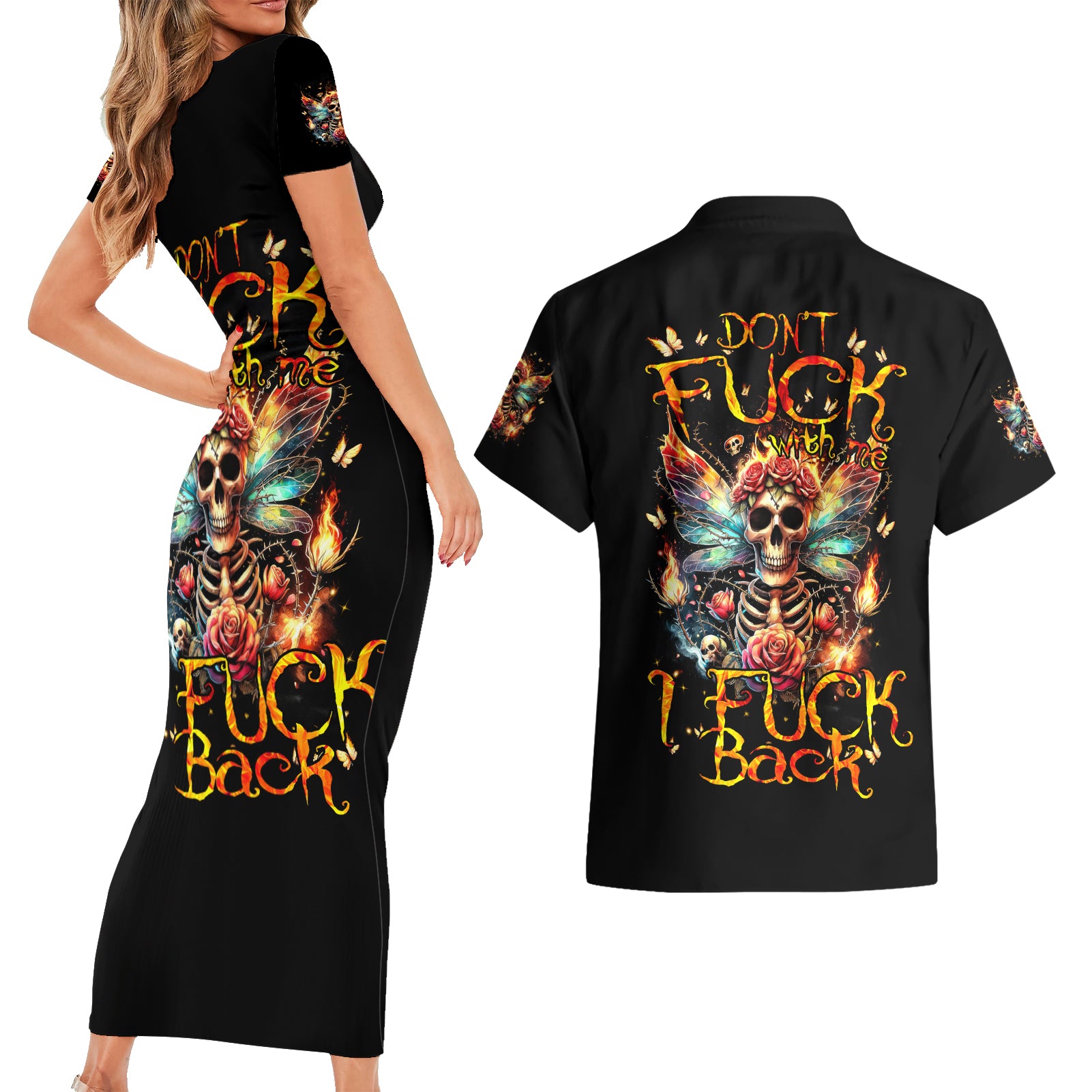 Fairy Skull Couples Matching Short Sleeve Bodycon Dress and Hawaiian Shirt Don't Fuck With Me I Fuck Back - Wonder Print Shop