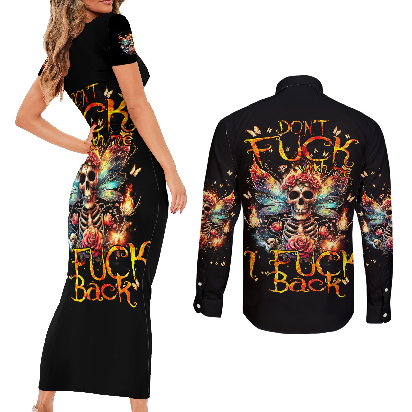 Fairy Skull Couples Matching Short Sleeve Bodycon Dress and Long Sleeve Button Shirt Don't Fuck With Me I Fuck Back - Wonder Print Shop