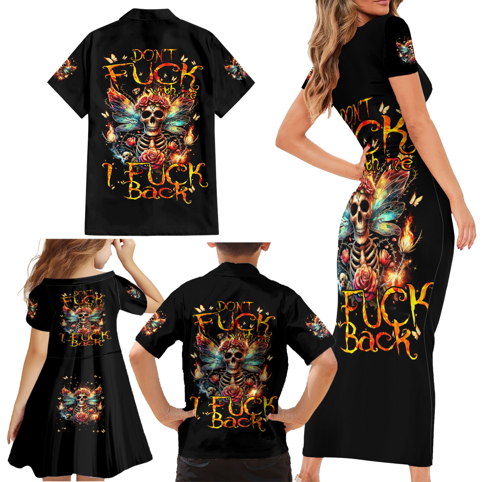 Fairy Skull Family Matching Short Sleeve Bodycon Dress and Hawaiian Shirt Don't Fuck With Me I Fuck Back - Wonder Print Shop