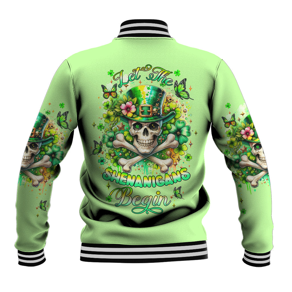 Green baseball jacket with striped ribbed collar and hem, skull and shamrock graphic on back.