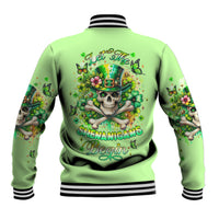 Green baseball jacket with striped ribbed collar and hem, skull and shamrock graphic on back.
