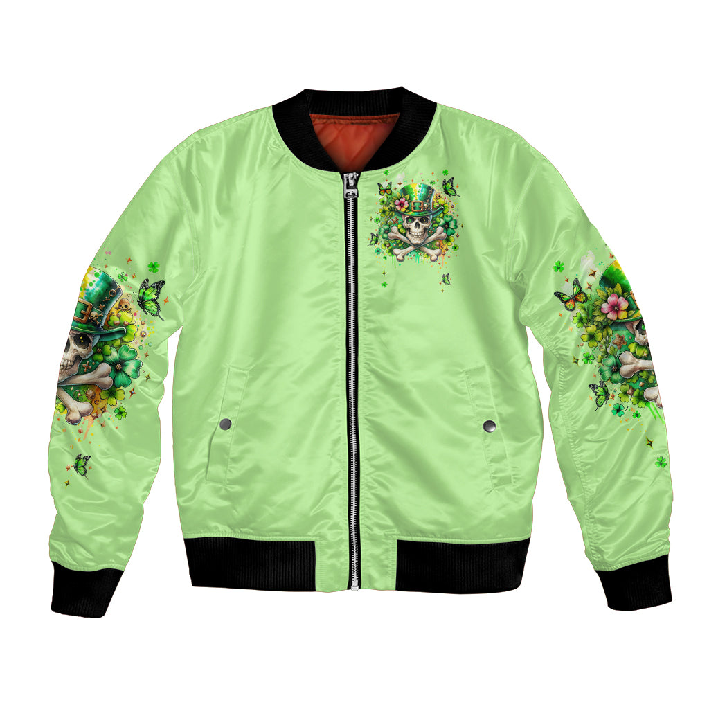 Green bomber jacket with zip front, ribbed cuffs, skull and shamrock front graphic