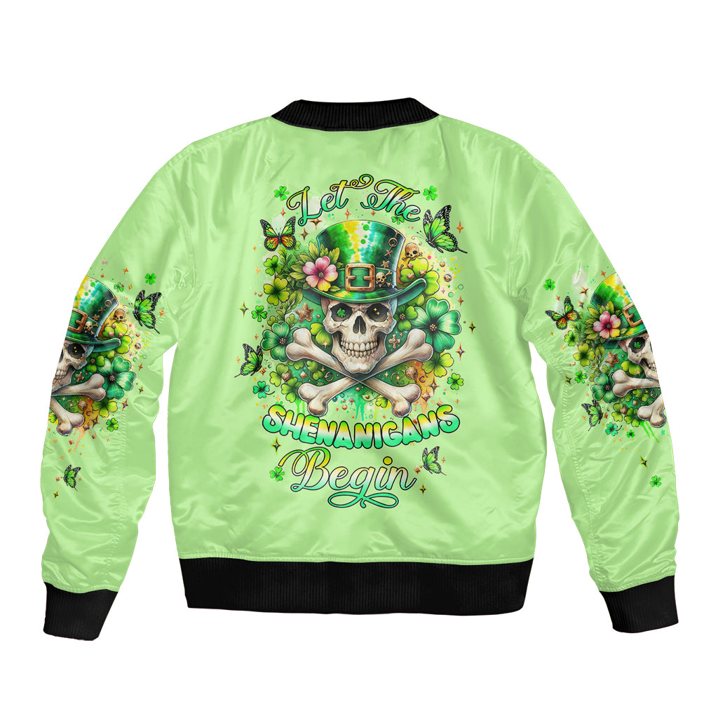 Green bomber jacket with ribbed collar, back skull shamrock graphic, long sleeves