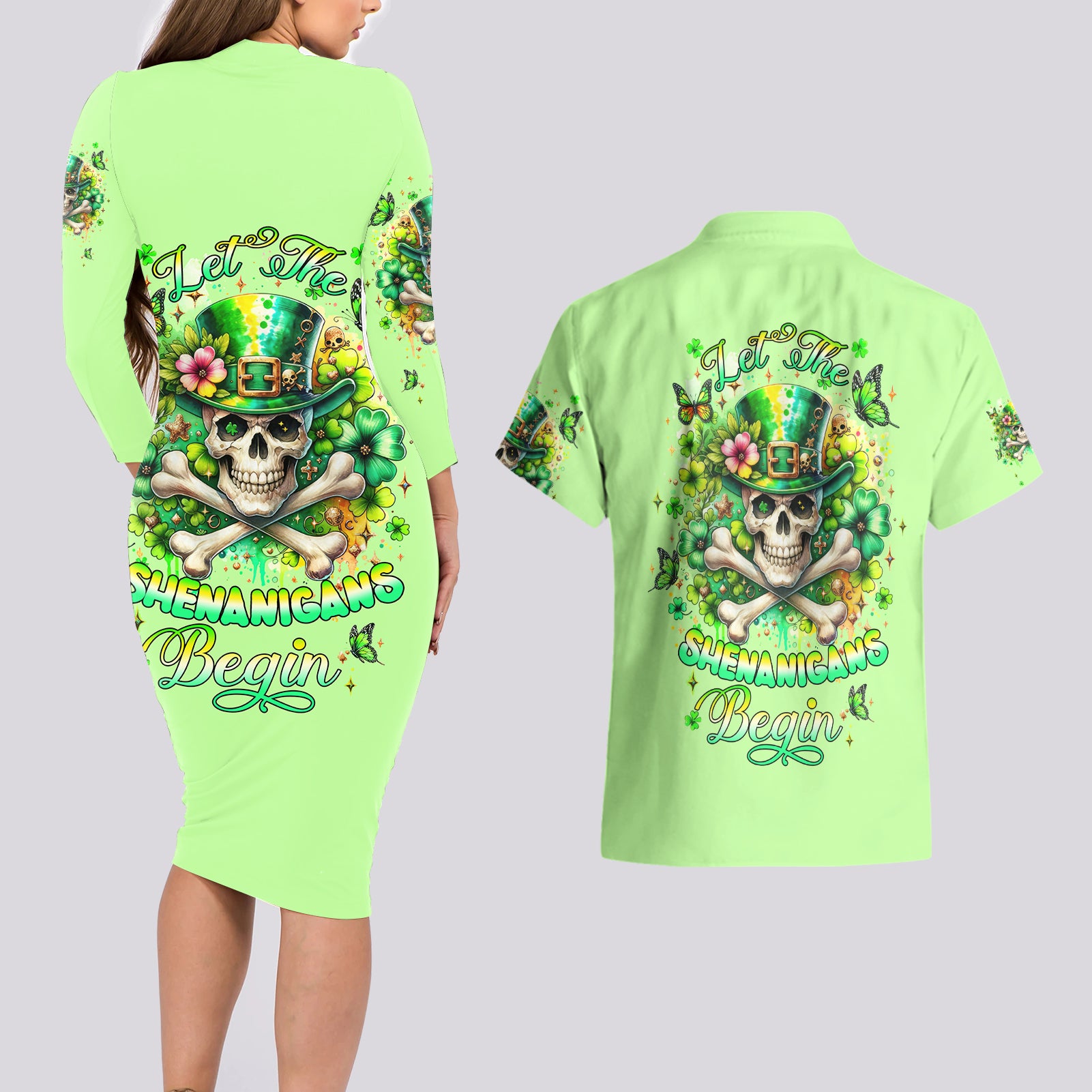 Irish Skull Couples Matching Long Sleeve Bodycon Dress and Hawaiian Shirt Let The Shenanigans Begin - Wonder Print Shop