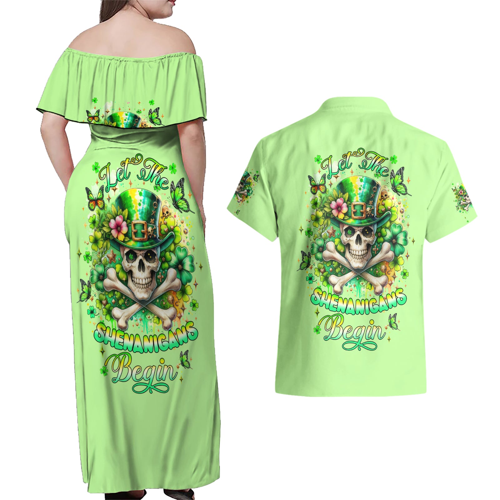 Irish Skull Couples Matching Off Shoulder Maxi Dress and Hawaiian Shirt Let The Shenanigans Begin - Wonder Print Shop