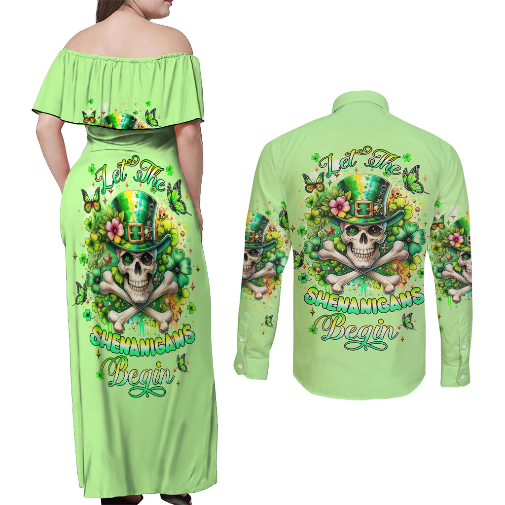 Irish Skull Couples Matching Off Shoulder Maxi Dress and Long Sleeve Button Shirt Let The Shenanigans Begin - Wonder Print Shop