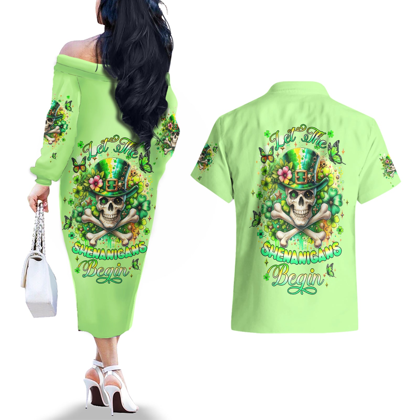 Irish Skull Couples Matching Off The Shoulder Long Sleeve Dress and Hawaiian Shirt Let The Shenanigans Begin - Wonder Print Shop