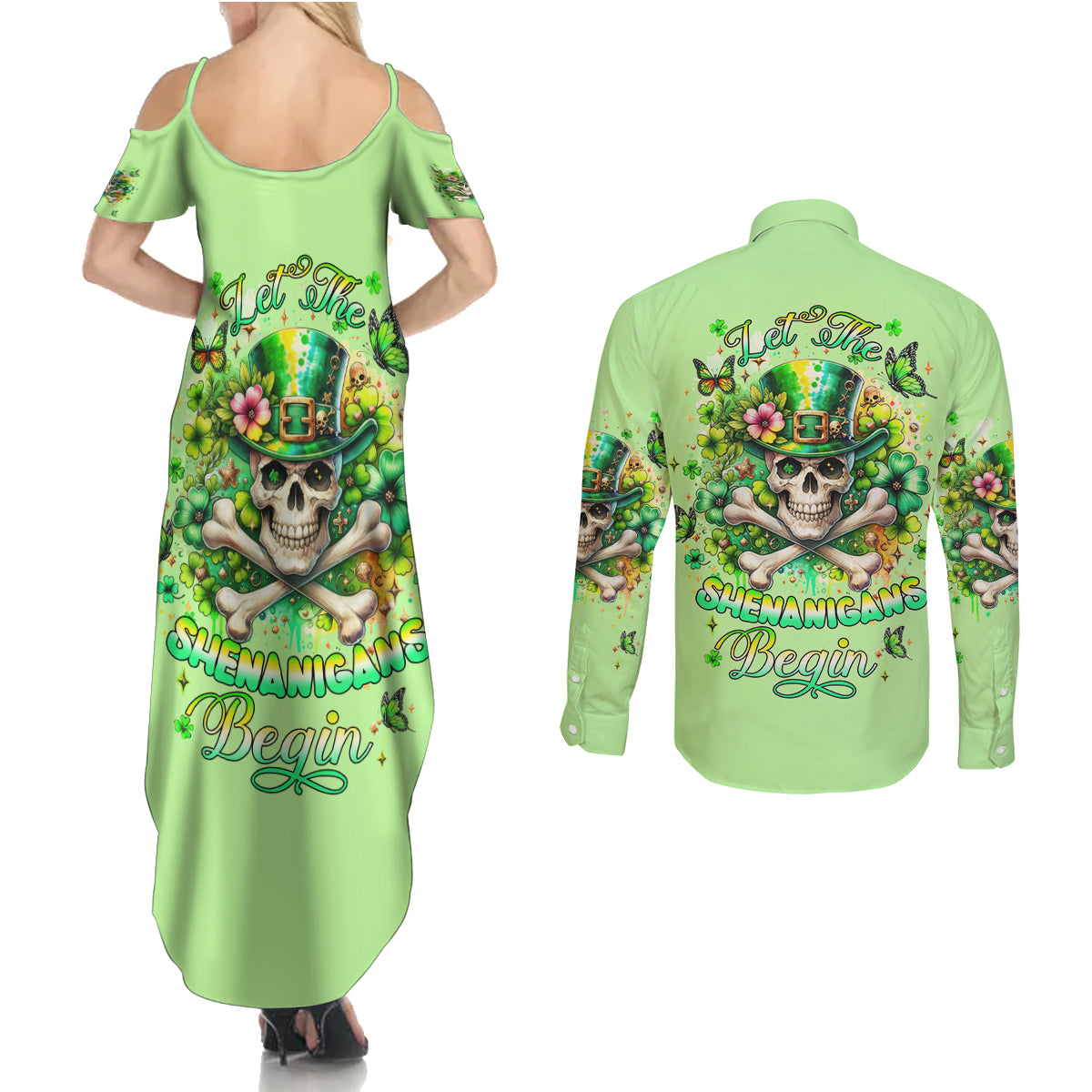 Irish Skull Couples Matching Summer Maxi Dress and Long Sleeve Button Shirt Let The Shenanigans Begin - Wonder Print Shop