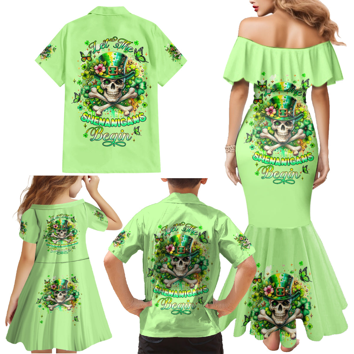 Irish Skull Family Matching Mermaid Dress and Hawaiian Shirt Let The Shenanigans Begin - Wonder Print Shop