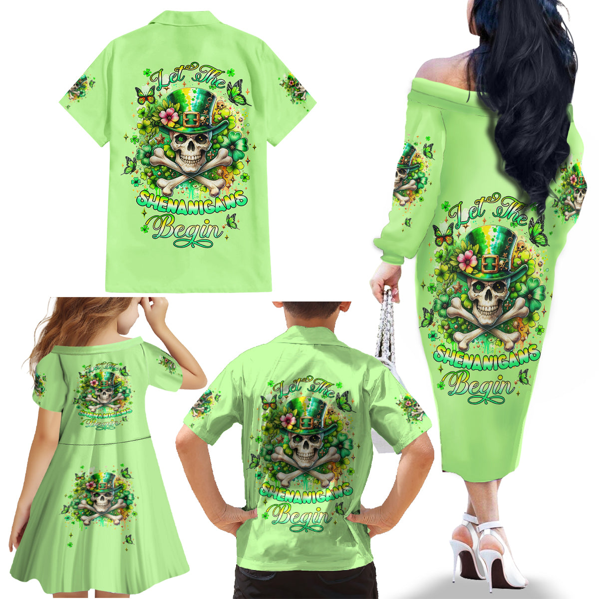 Irish Skull Family Matching Off The Shoulder Long Sleeve Dress and Hawaiian Shirt Let The Shenanigans Begin - Wonder Print Shop