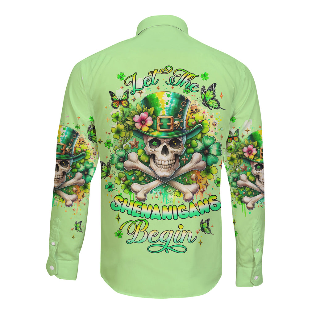 Green long-sleeve button shirt with back skull, shamrock, and butterfly graphic