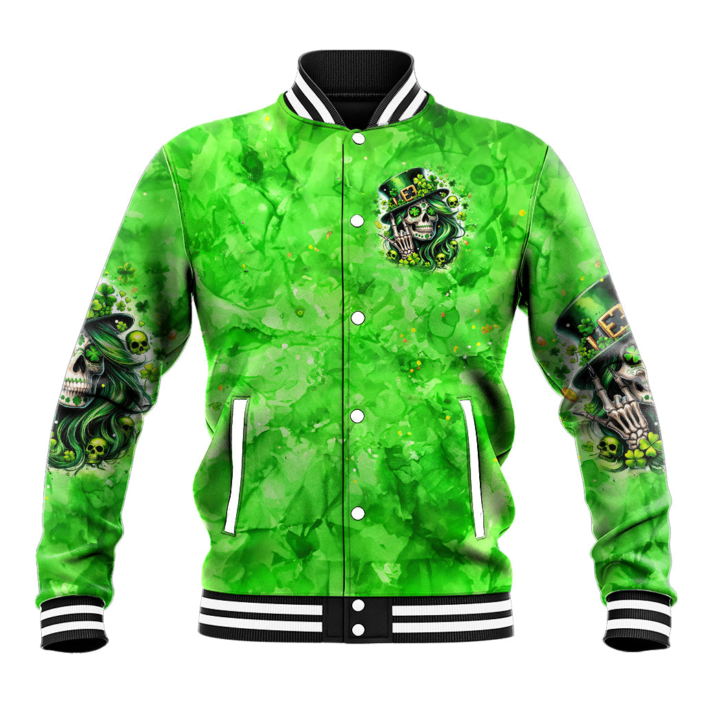 Green baseball jacket front with snap buttons, ribbed trim, skull shamrock chest patch