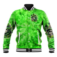 Green baseball jacket front with snap buttons, ribbed trim, skull shamrock chest patch