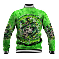Green baseball jacket with ribbed striped collar, back skull shamrock graphic