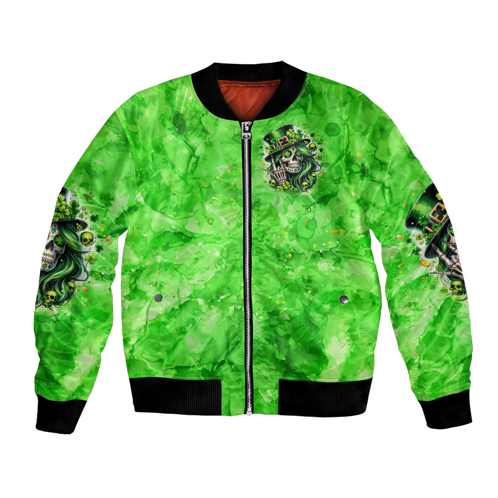 Green bomber jacket zip-front with chest skull shamrock patch and ribbed hem