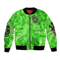Green bomber jacket zip-front with chest skull shamrock patch and ribbed hem
