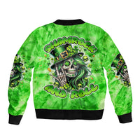 Green bomber jacket with skull and shamrock graphic, ribbed collar and cuffs
