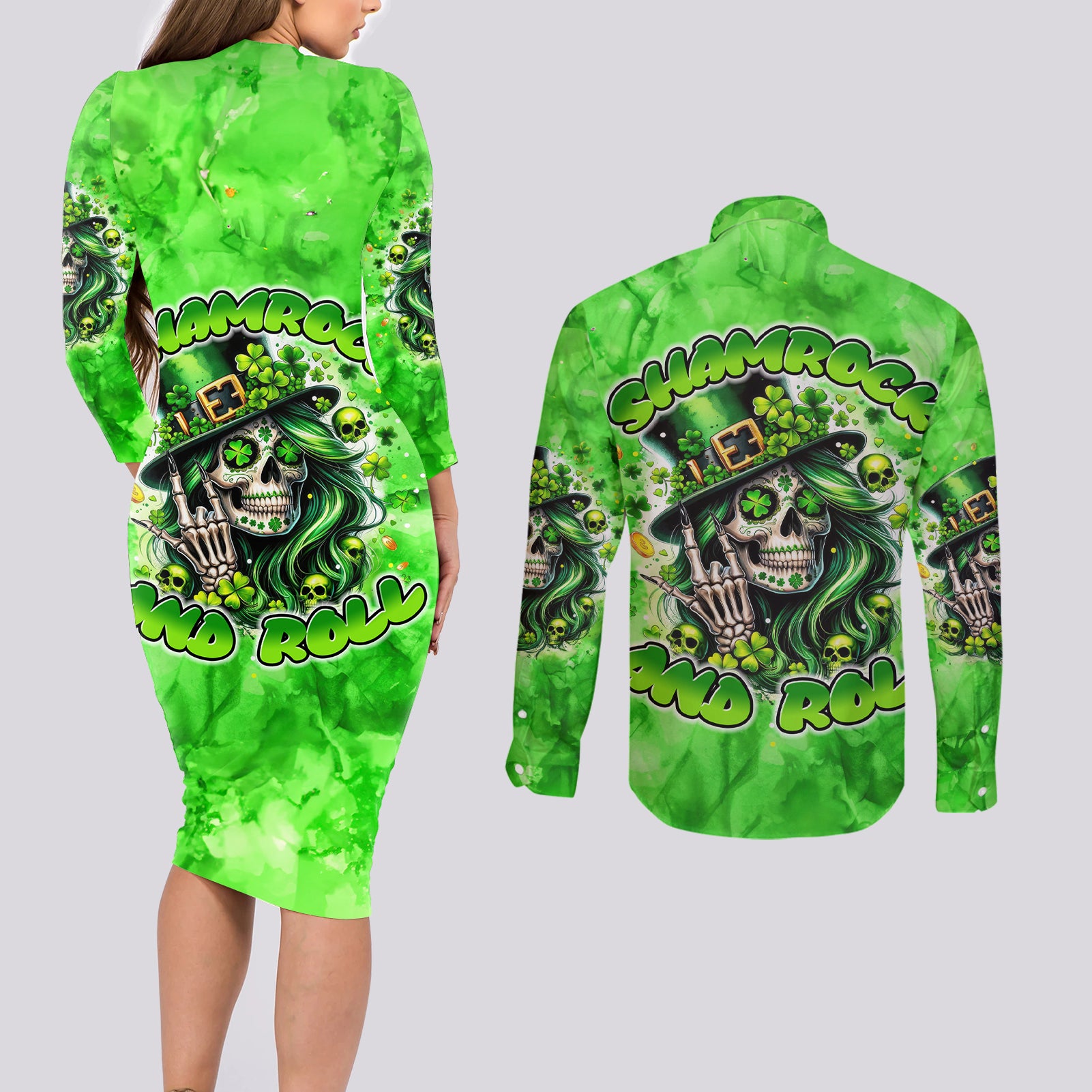 Irish Skull Couples Matching Long Sleeve Bodycon Dress and Long Sleeve Button Shirt Shamrock And Roll - Wonder Print Shop