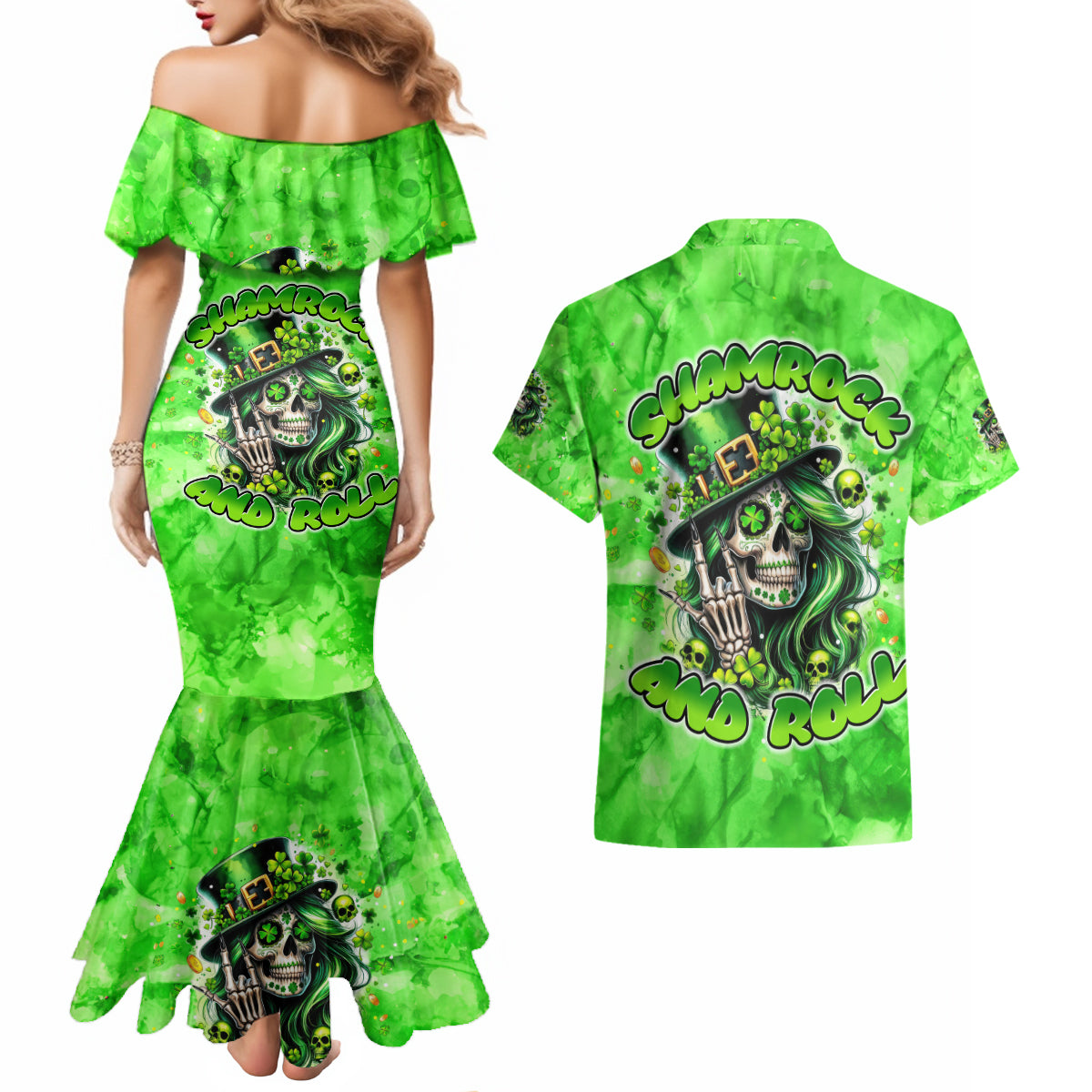 Irish Skull Couples Matching Mermaid Dress and Hawaiian Shirt Shamrock And Roll - Wonder Print Shop