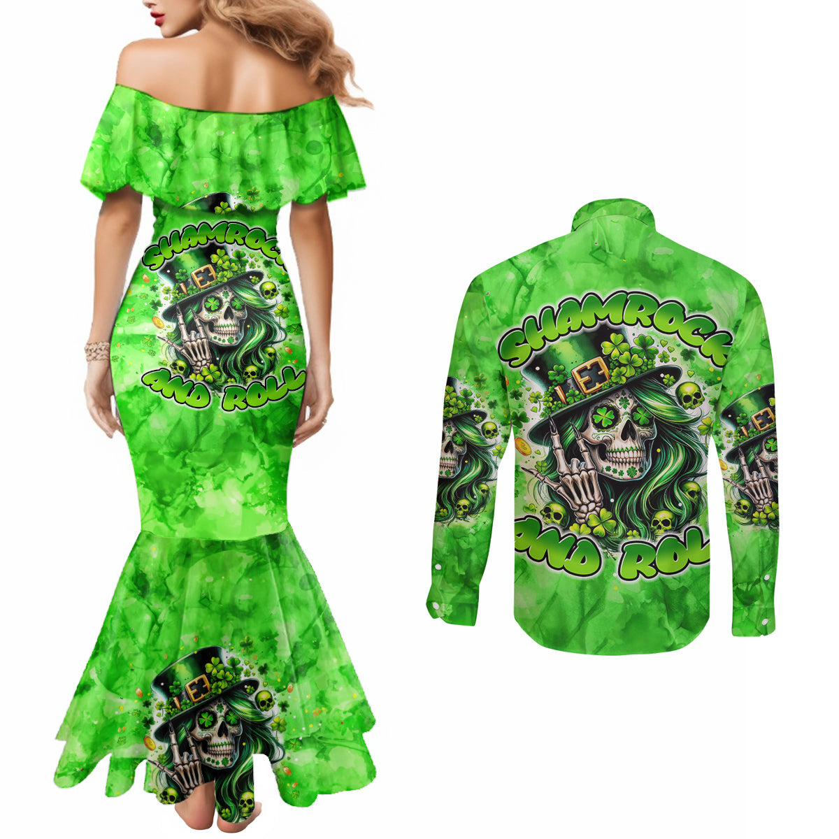 Irish Skull Couples Matching Mermaid Dress and Long Sleeve Button Shirt Shamrock And Roll