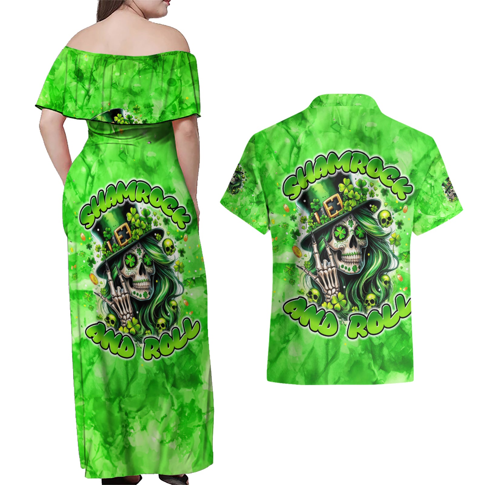 Irish Skull Couples Matching Off Shoulder Maxi Dress and Hawaiian Shirt Shamrock And Roll - Wonder Print Shop