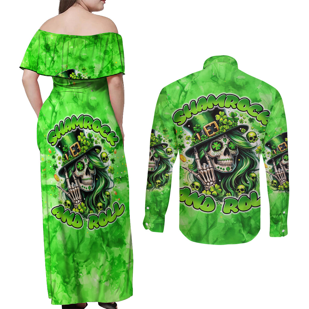 Irish Skull Couples Matching Off Shoulder Maxi Dress and Long Sleeve Button Shirt Shamrock And Roll - Wonder Print Shop