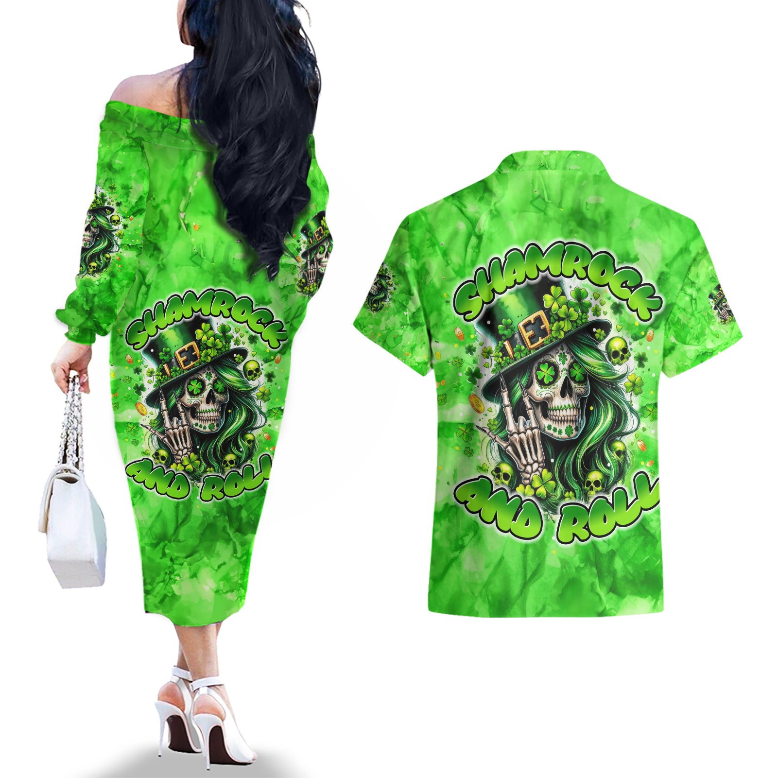 Irish Skull Couples Matching Off The Shoulder Long Sleeve Dress and Hawaiian Shirt Shamrock And Roll - Wonder Print Shop