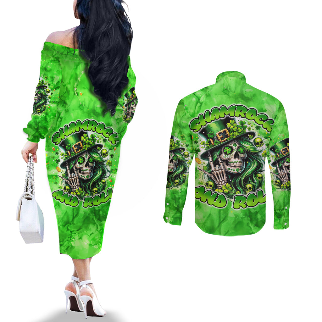 Irish Skull Couples Matching Off The Shoulder Long Sleeve Dress and Long Sleeve Button Shirt Shamrock And Roll