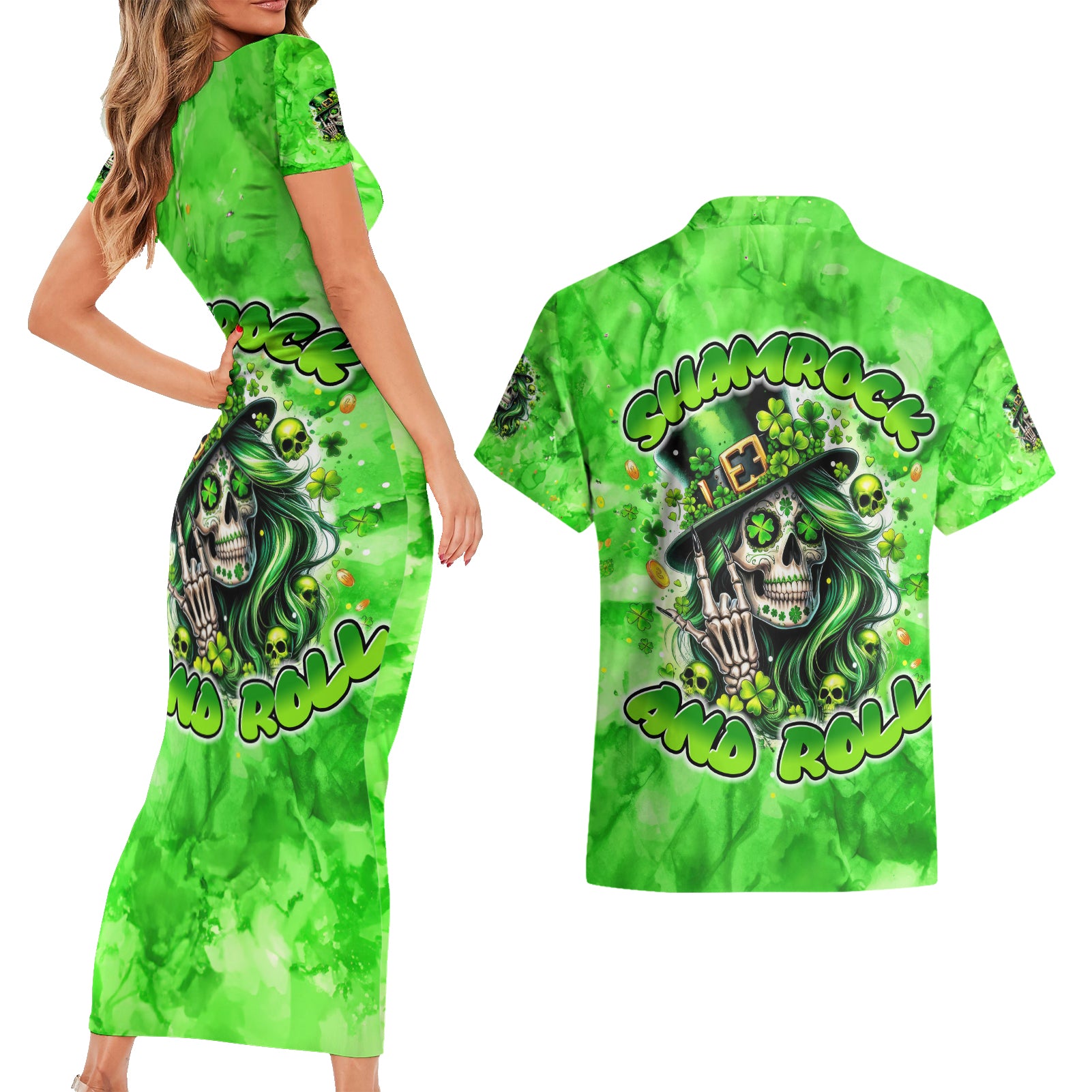 Irish Skull Couples Matching Short Sleeve Bodycon Dress and Hawaiian Shirt Shamrock And Roll - Wonder Print Shop