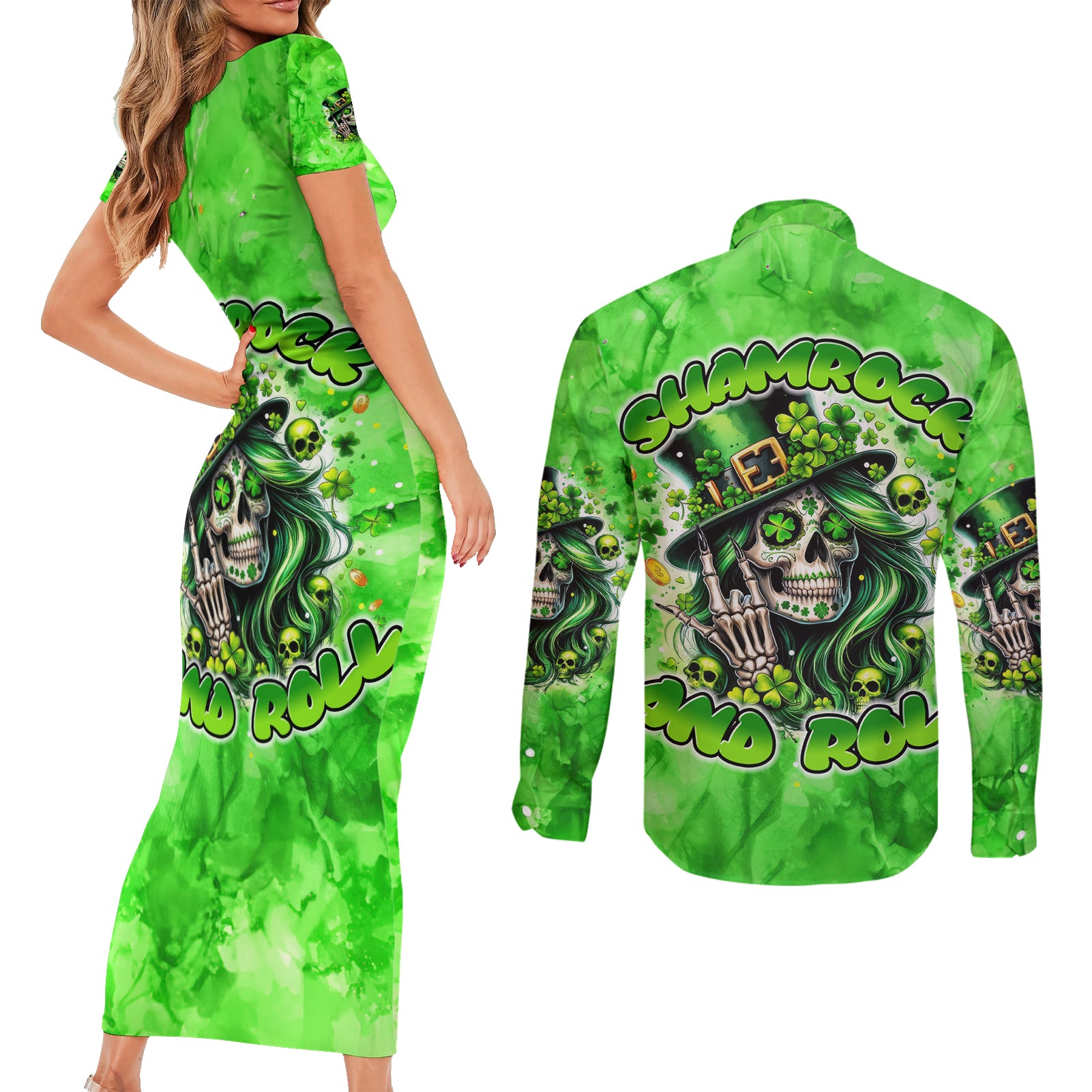 Irish Skull Couples Matching Short Sleeve Bodycon Dress and Long Sleeve Button Shirt Shamrock And Roll - Wonder Print Shop