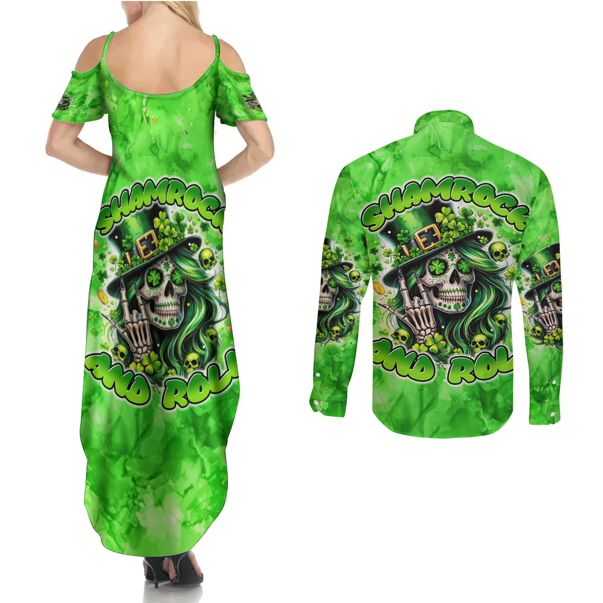 Irish Skull Couples Matching Summer Maxi Dress and Long Sleeve Button Shirt Shamrock And Roll - Wonder Print Shop