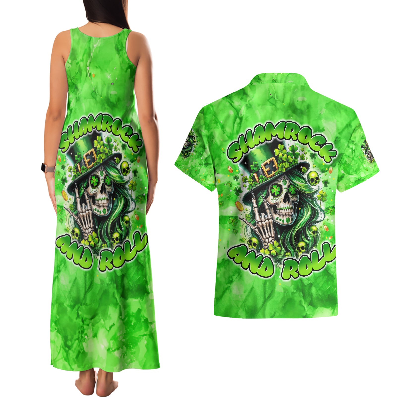 Irish Skull Couples Matching Tank Maxi Dress and Hawaiian Shirt Shamrock And Roll - Wonder Print Shop