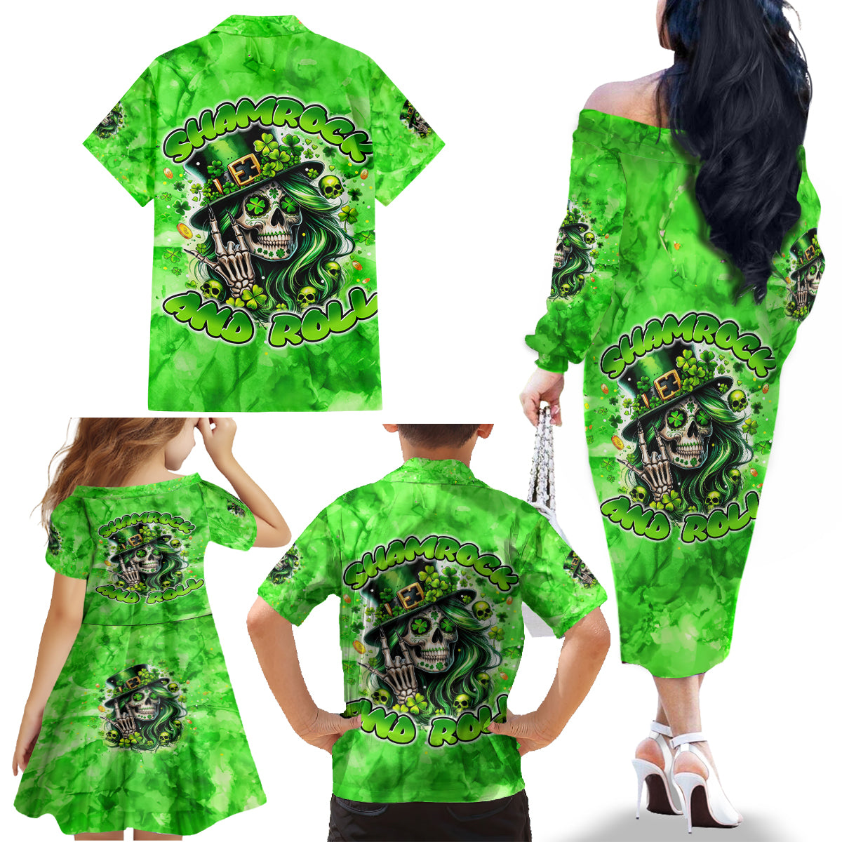 Irish Skull Family Matching Off The Shoulder Long Sleeve Dress and Hawaiian Shirt Shamrock And Roll - Wonder Print Shop