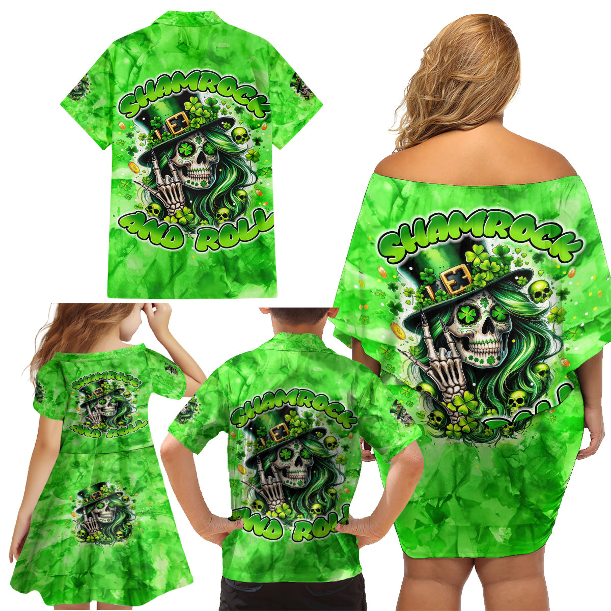 Irish Skull Family Matching Off Shoulder Short Dress and Hawaiian Shirt Shamrock And Roll - Wonder Print Shop