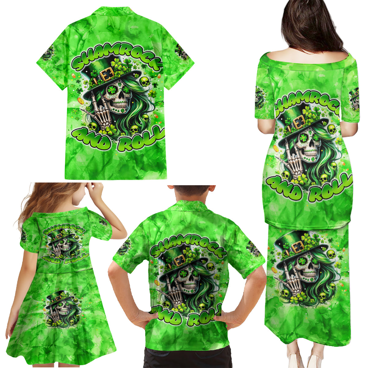 Irish Skull Family Matching Puletasi and Hawaiian Shirt Shamrock And Roll - Wonder Print Shop