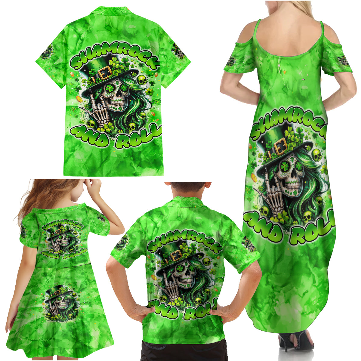 Irish Skull Family Matching Summer Maxi Dress and Hawaiian Shirt Shamrock And Roll - Wonder Print Shop