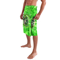 Green printed knee-length lavalava skirt with skull graphic, side view